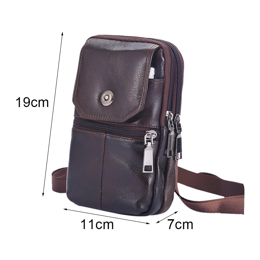 A dark brown vintage genuine cowhide leather crossbody sling bag shown with dimensions.