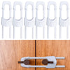 A set of white adjustable U-shaped child safety cabinet locks for knob handles, shown alongside an installed lock.