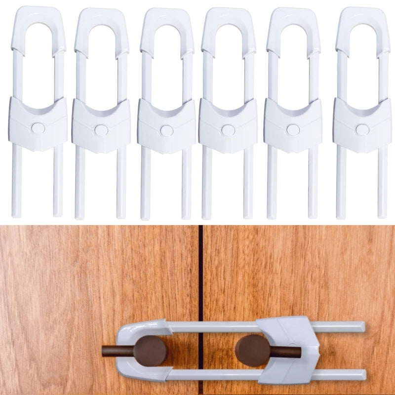 A set of white adjustable U-shaped child safety cabinet locks for knob handles, shown alongside an installed lock.