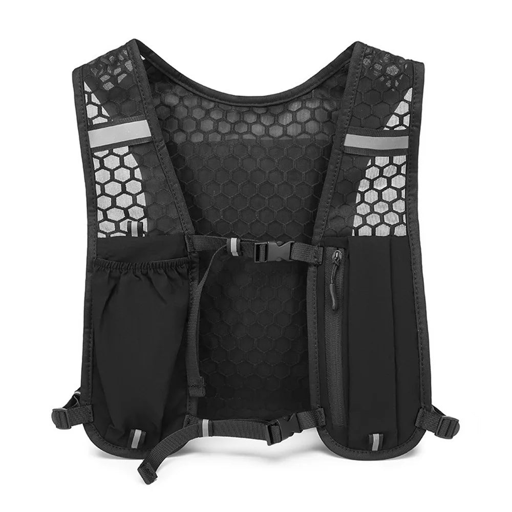 Black lightweight hydration vest with mesh panels and storage pockets