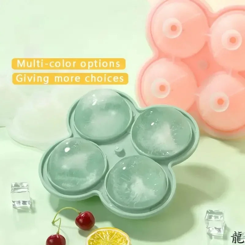 A light green silicone ice cube tray with multiple molds and several ice cubes on a white surface.
