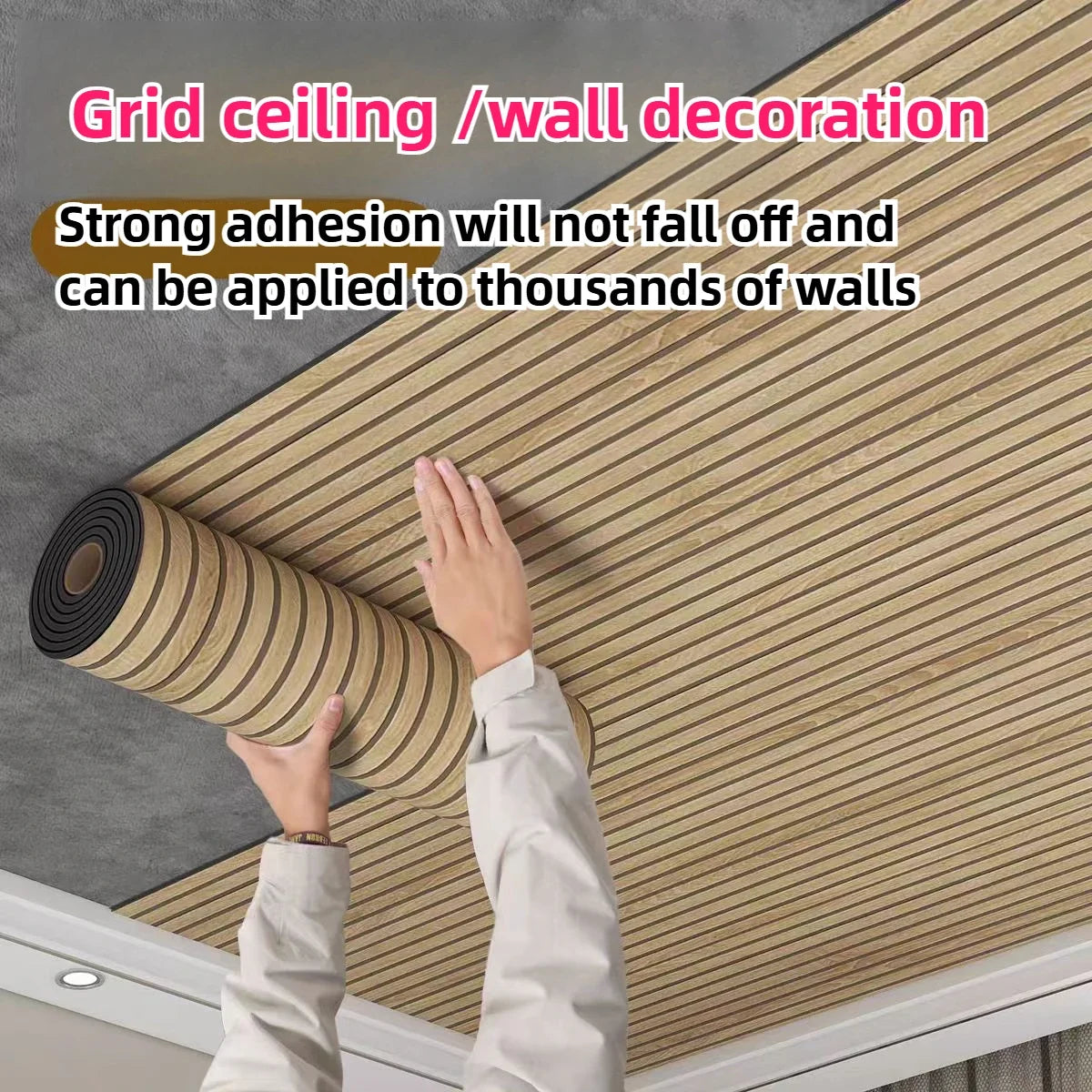 Roll of wood grain grid ceiling and wall decoration peel-and-stick wallpaper being applied to a surface.