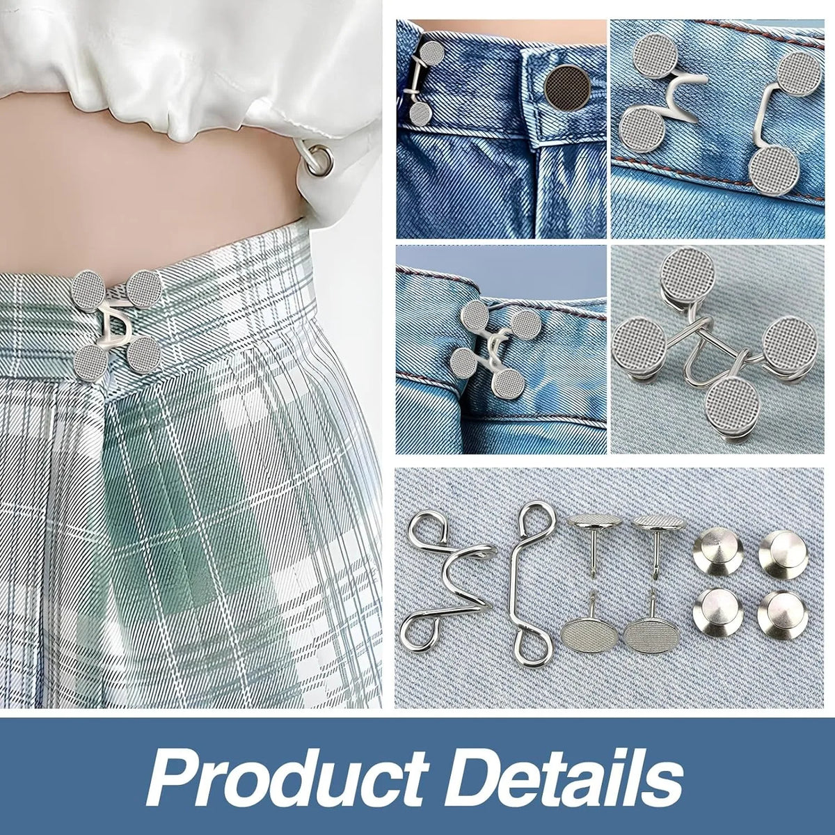 Close-up view of denim jeans with silver button extenders and waist tighteners shown in various angles.