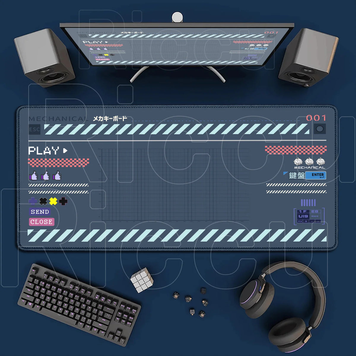 A Japanese art large mouse pad with a non-slip rubber base is shown alongside a keyboard and headphones.
