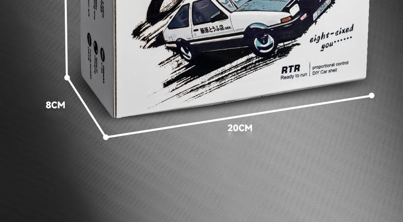 A box for a Compact 1/64 Scale 4WD RC Drift Car showing an illustration of the car.