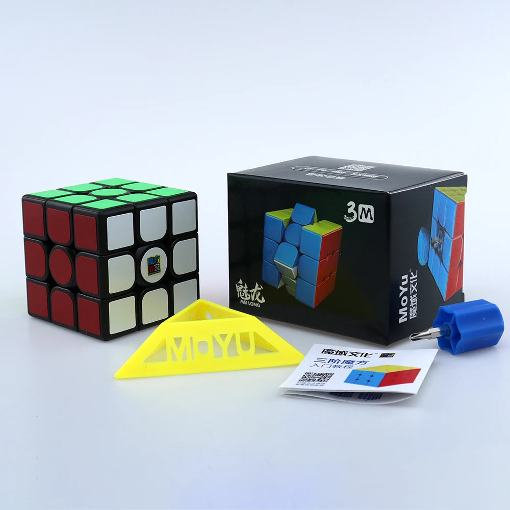 A set of MoYu Meilong magnetic speed cubes in various colors, including green, red, and blue, displayed next to a yellow plas
