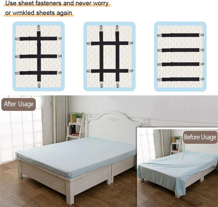 A set of four black elastic corner straps used to fasten bed sheets, shown alongside a white wooden bed frame.