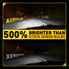 A comparison graphic showing a headlight with an AUXITO LED bulb and stock xenon bulbs, highlighting 500% brighter light.
