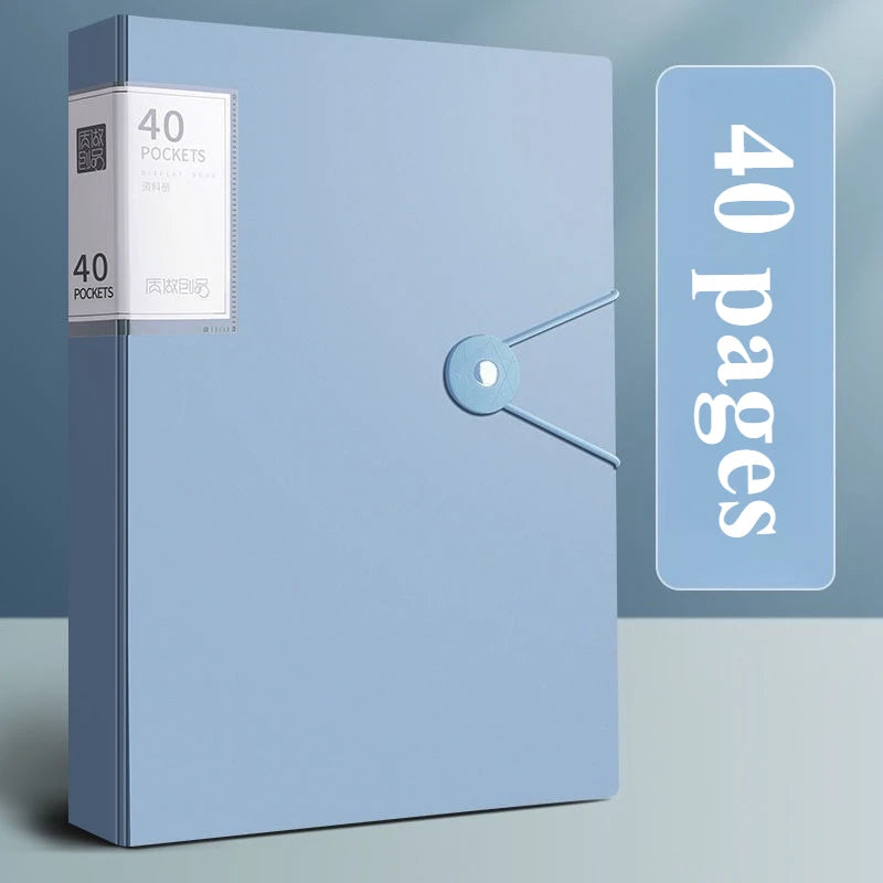 A light blue A4 expanding file organizer with 40 pockets and a cover showing 40 pages.