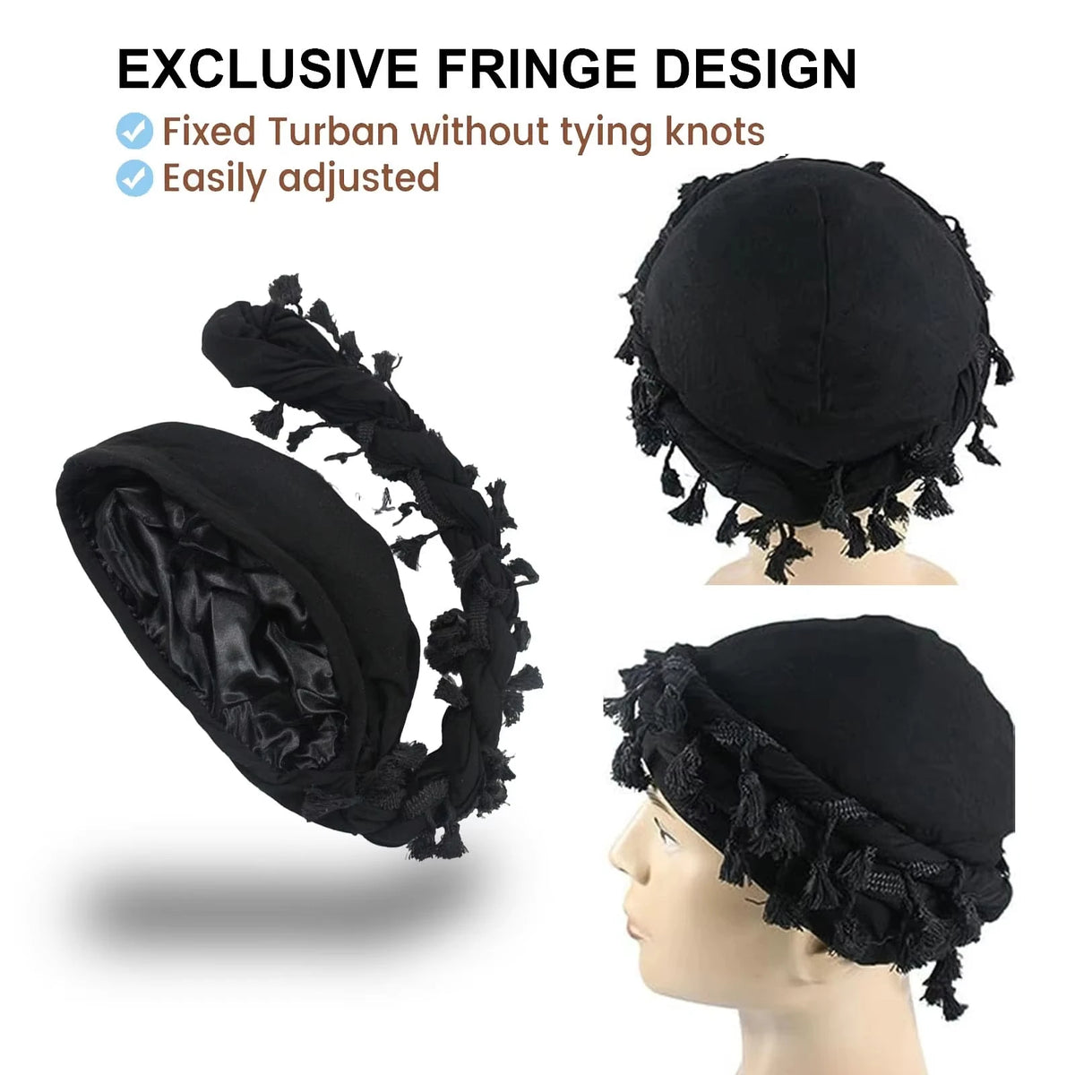 Black vintage twist head wrap with fringe design shown on a mannequin head.