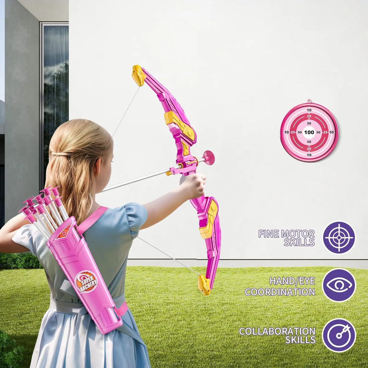 A girl is practicing archery with a pink and yellow bow and arrow set outdoors on a green lawn.
