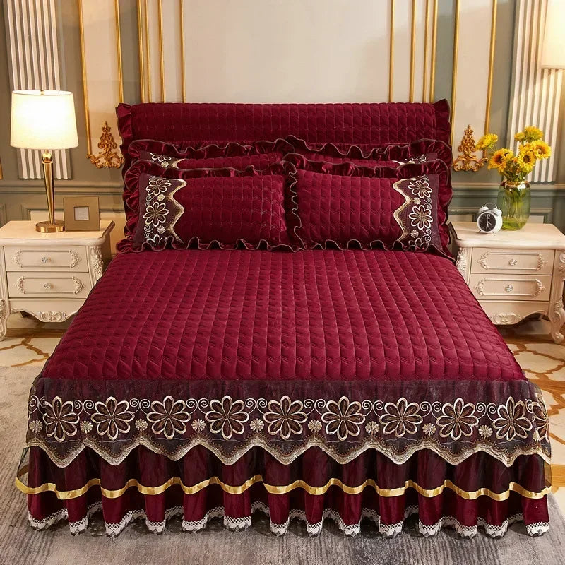Crystal Velvet Gold Lace Bed Skirt with Anti-Slip Base