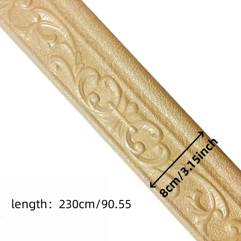 Gold foam wall trim border sticker with decorative scroll pattern, measuring 230cm/90.55 inches.