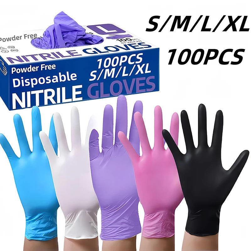 A variety of disposable nitrile gloves in blue, white, purple, pink, and black are displayed for sale.