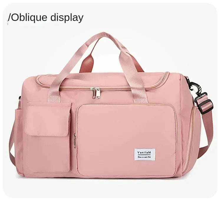 A pink large capacity travel duffel bag with an oblique display feature and a separate shoe compartment.