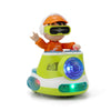 An orange and white toy featuring a character wearing a headset, with a bright green body and blue lights.
