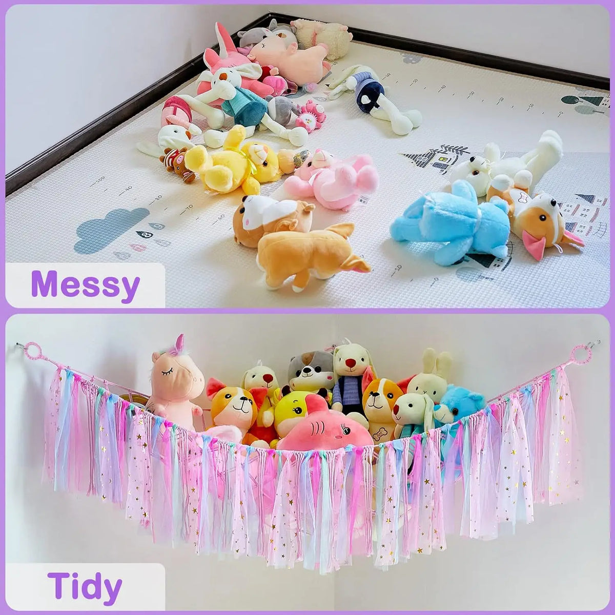 A comparison showing messy and tidy arrangements of plush toys stored in a bohemian handwoven net with tassels.