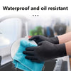 Black nitrile gloves holding a blue cleaning cloth under running water.