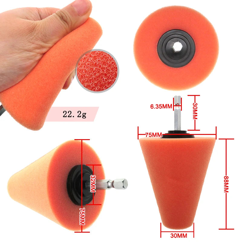 Orange conical sponge polishing cones used for automotive detailing, shown in various views.