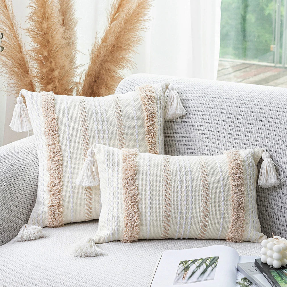 Boho Tufted Throw Pillow Cover with Tassels