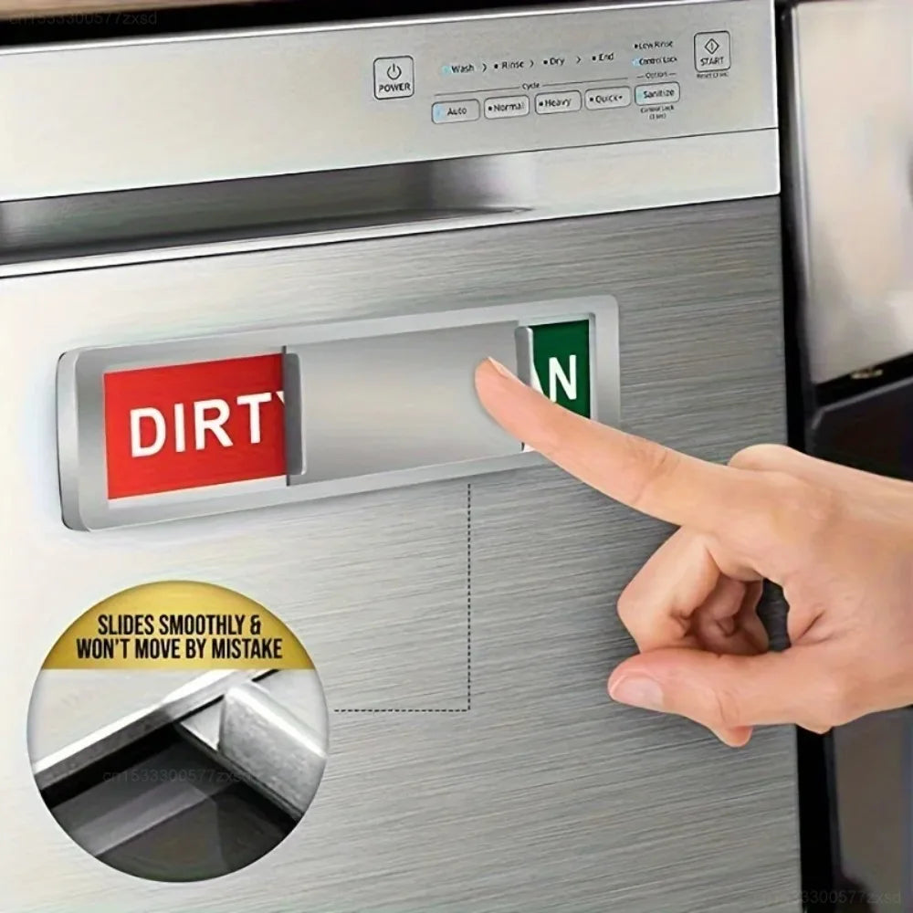 A hand presses a dirty magnet sign on a dishwasher door, demonstrating how it slides smoothly and won't move by mistake.