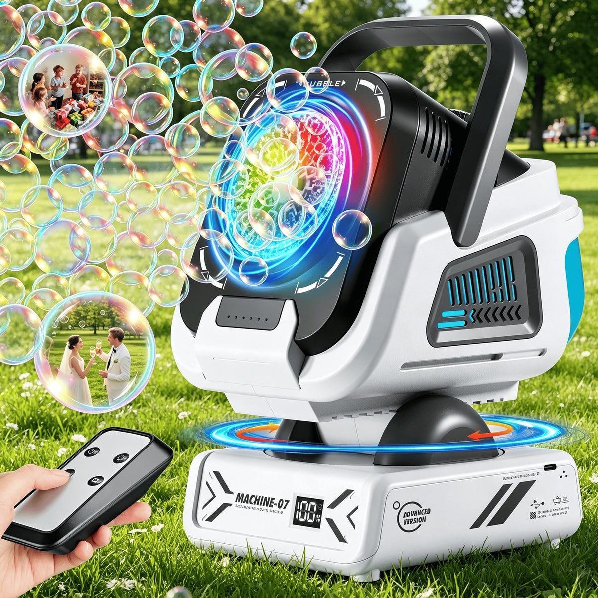 A white 360° rotating bubble machine with RGB lights and a control remote is placed on green grass.