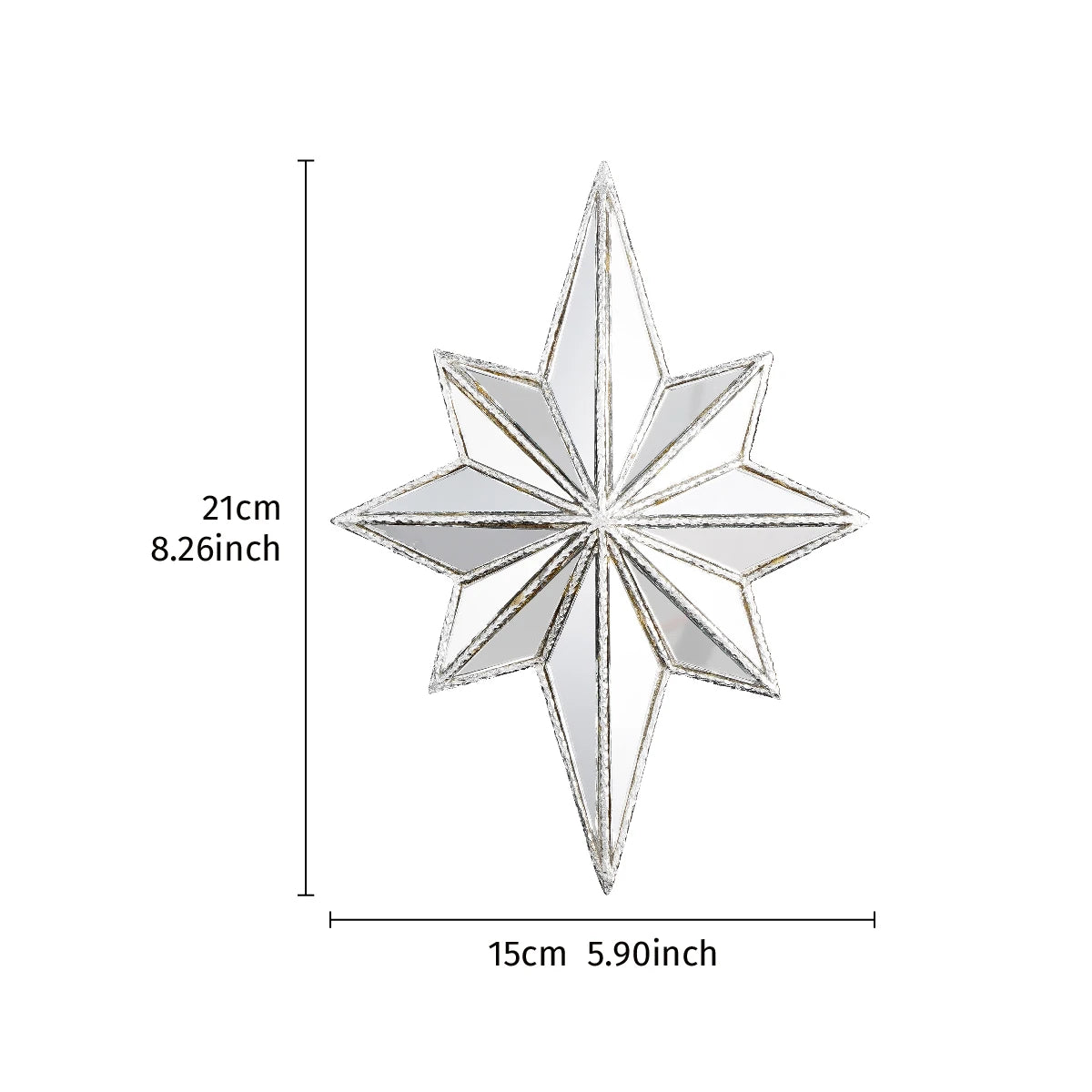 A silver octagonal star-shaped resin wall mirror with a geometric design.