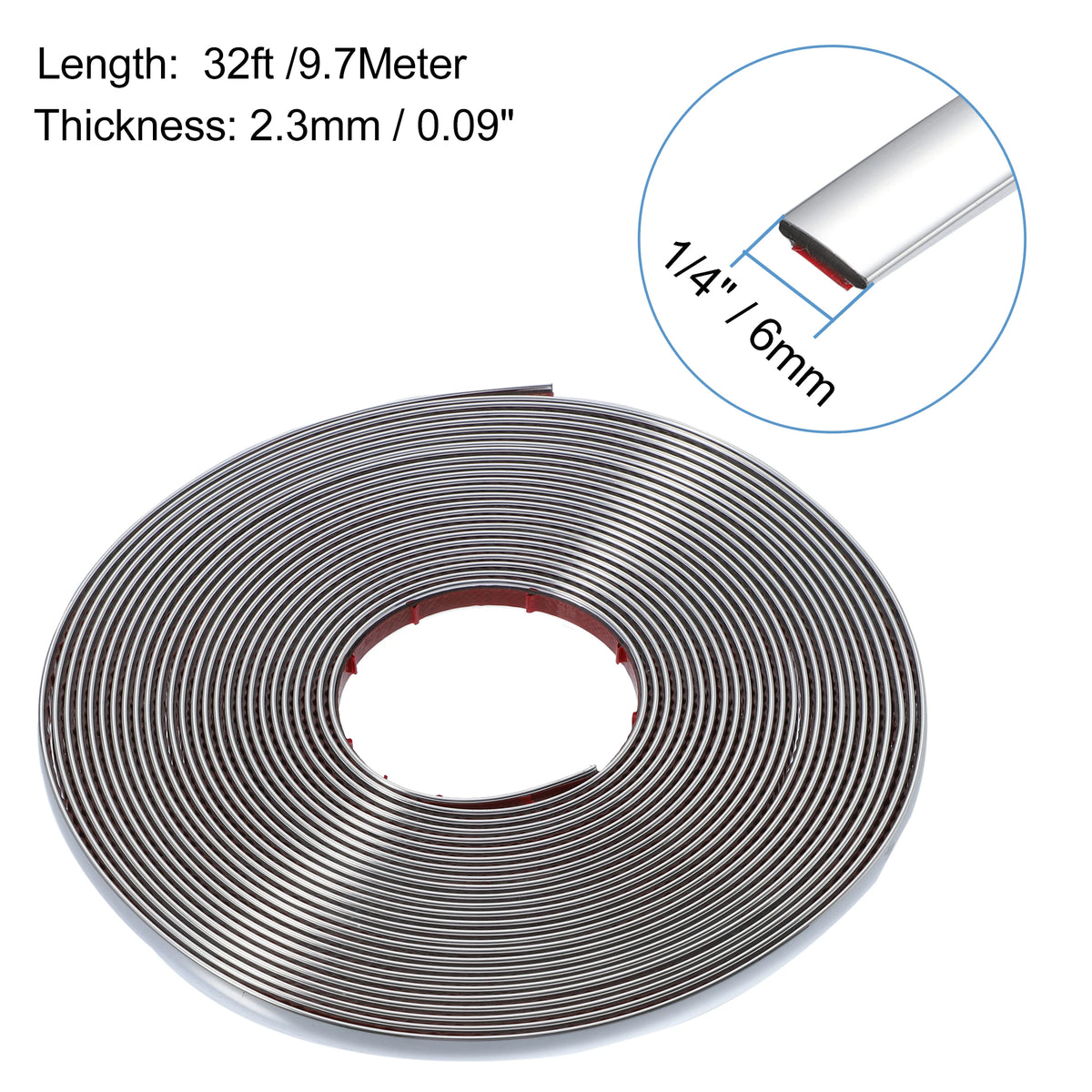 A coil of chrome car door edge guard trim strip with a 1/4 inch width and 2.3mm thickness.