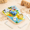 A wooden farm animal assembly toy featuring various animals and tools like a screwdriver and wrench on a light wood backgroun