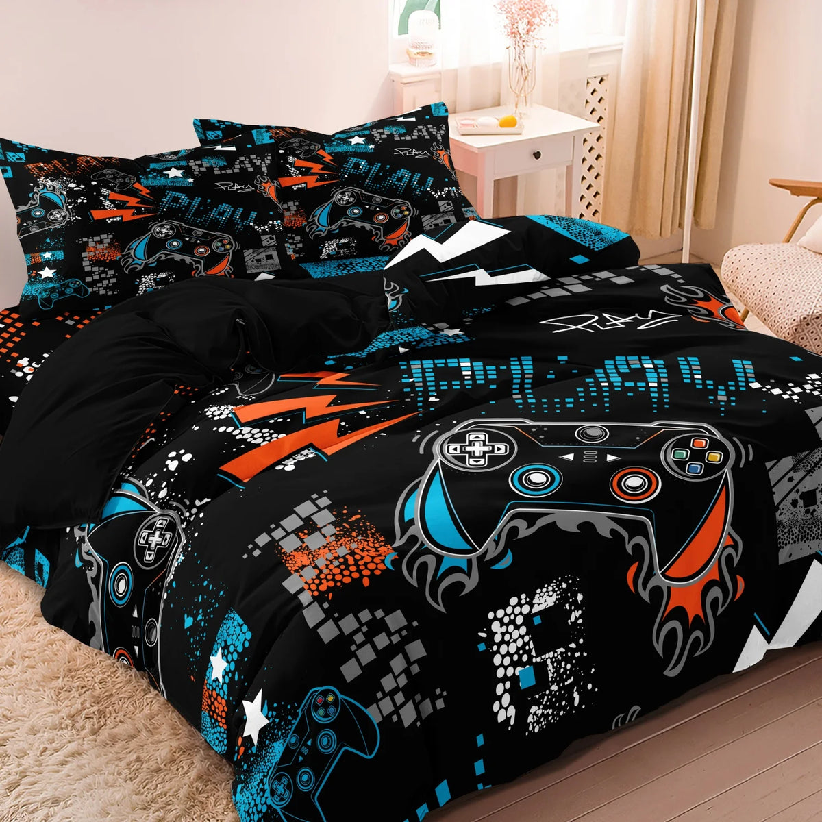 Black duvet cover set featuring a gamer theme with controller and keyboard prints