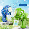 A green dinosaur bubble gun is shown next to a blue dinosaur, demonstrating the product's ability to create bubbles.
