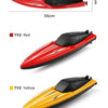 A red high-speed remote control boat with a black motor and yellow version shown in profile view.