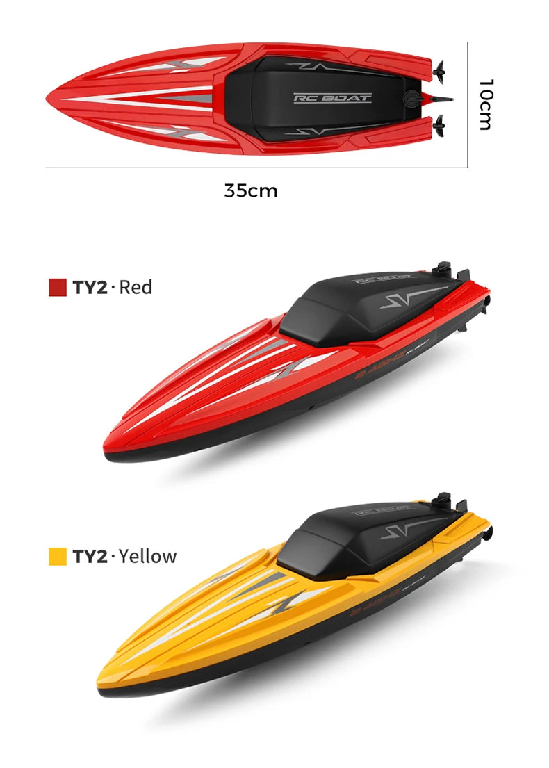 A red high-speed remote control boat with a black motor and yellow version shown in profile view.