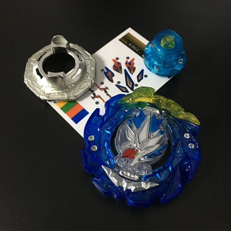 A metal battle spinning top with a blue and silver design is shown next to its packaging.