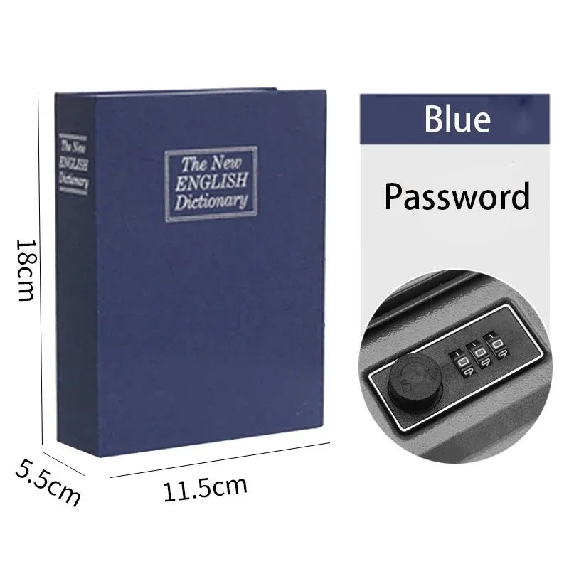 A blue hidden book safe with a combination lock and a password display.