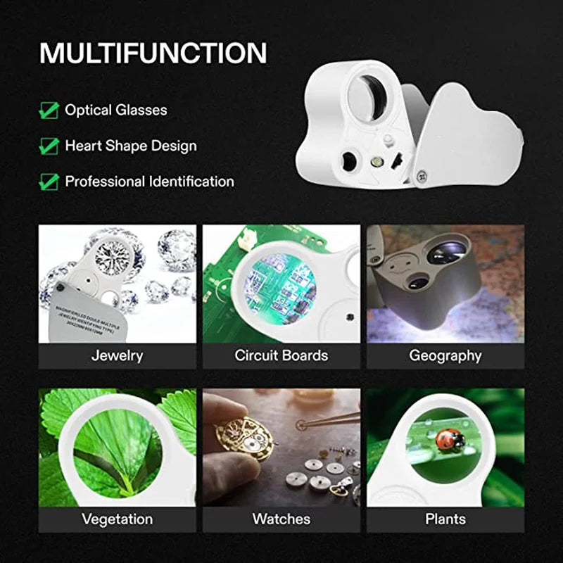 A white dual-magnification LED loupe with a foldable design shown alongside various applications like jewelry, circuit boards