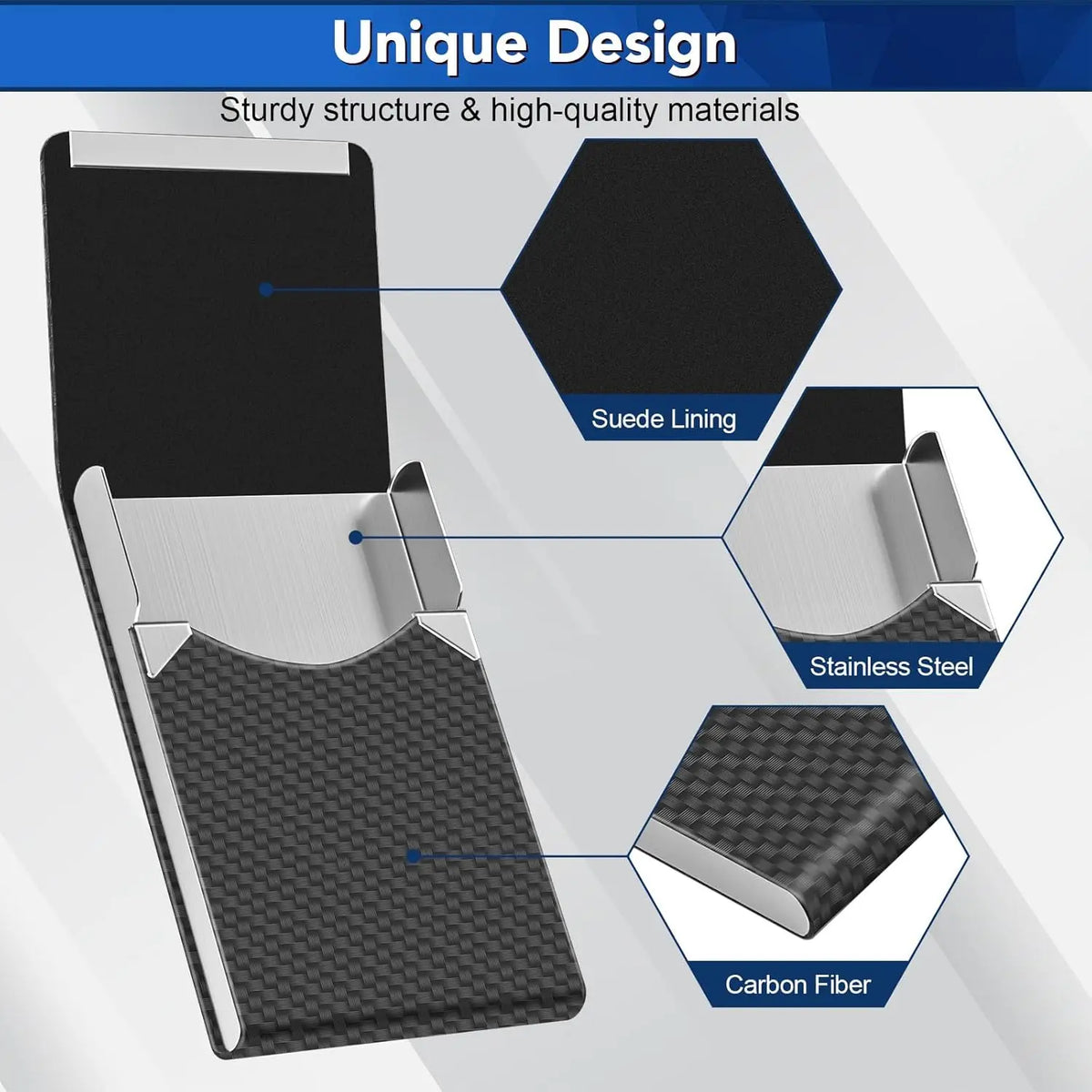 A black card holder featuring a sturdy structure with suede lining, stainless steel accents, and carbon fiber material.