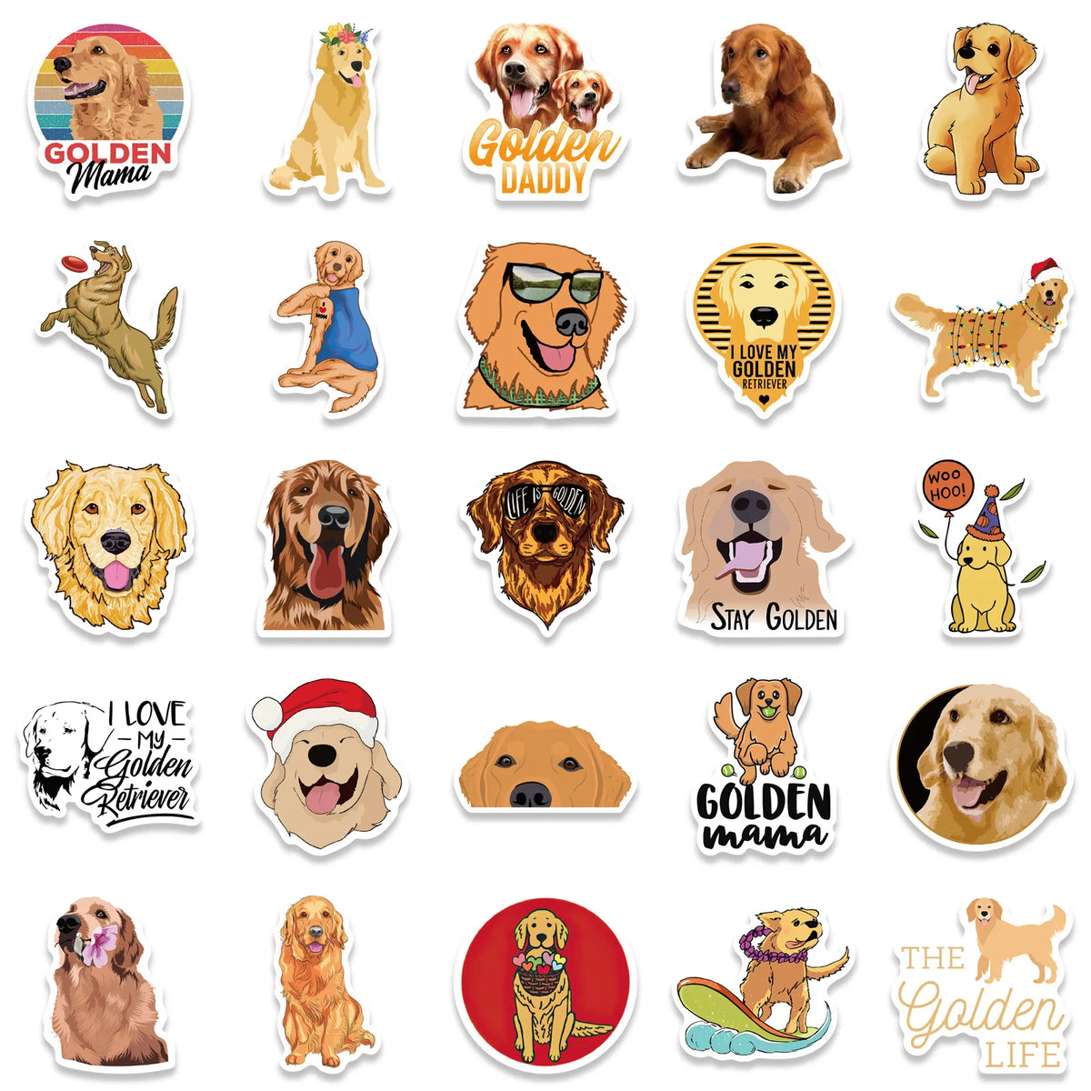 A collection of stickers featuring various dogs, including Golden Retrievers and other breeds.