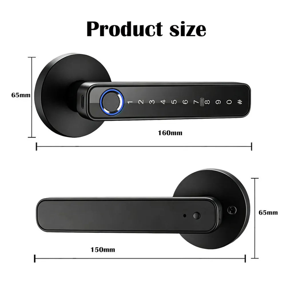 A black smart fingerprint door handle lock is shown in two views, illustrating its size and design.