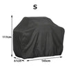 Black universal heavy-duty waterproof BBQ grill cover with dimensions 117cm high by 145cm long.