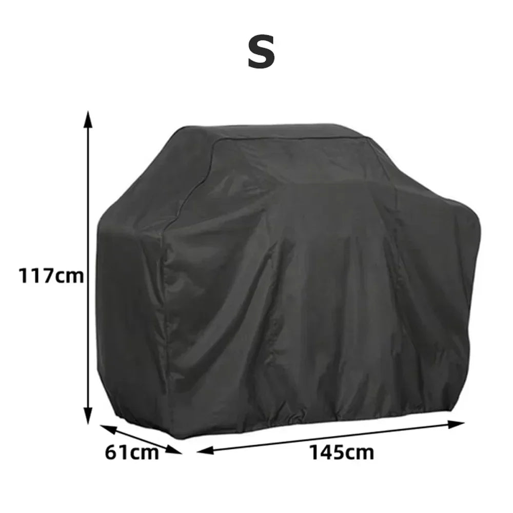 Black universal heavy-duty waterproof BBQ grill cover with dimensions 117cm high by 145cm long.