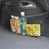 A black mesh organizer in a car seat stores various snacks and a water bottle.