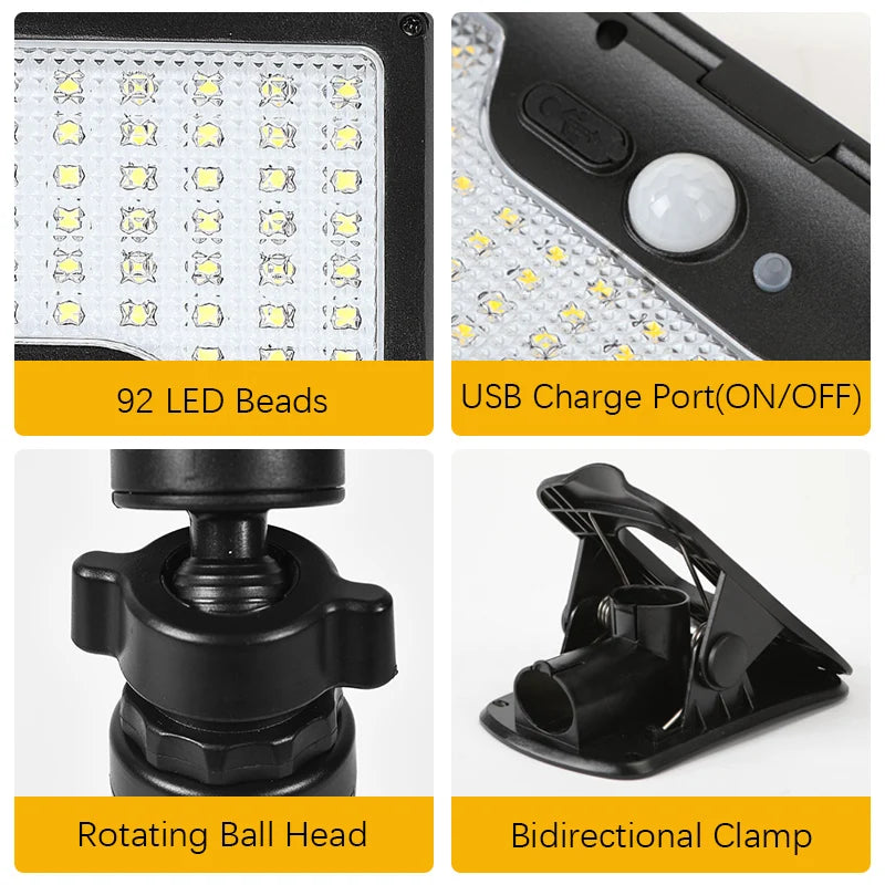 A solar-powered motion sensor outdoor light featuring 92 LED beads, a USB charge port, a rotating ball head, and a bidirectio
