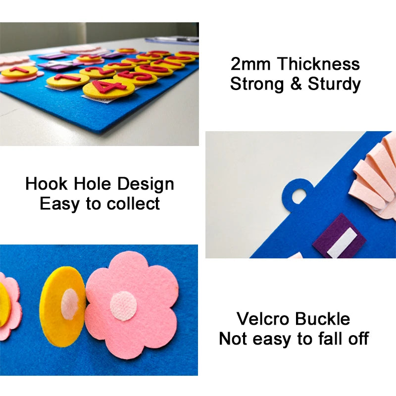 A felt counting toy with a hook hole design and velcro buckle for toddlers