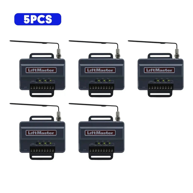 Five pieces of LiftMaster garage door opener receivers with rolling code technology and wiring.