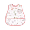 A pink and white waterproof baby feeding bib featuring stars, rainbows, and a moon design with a catch pocket.
