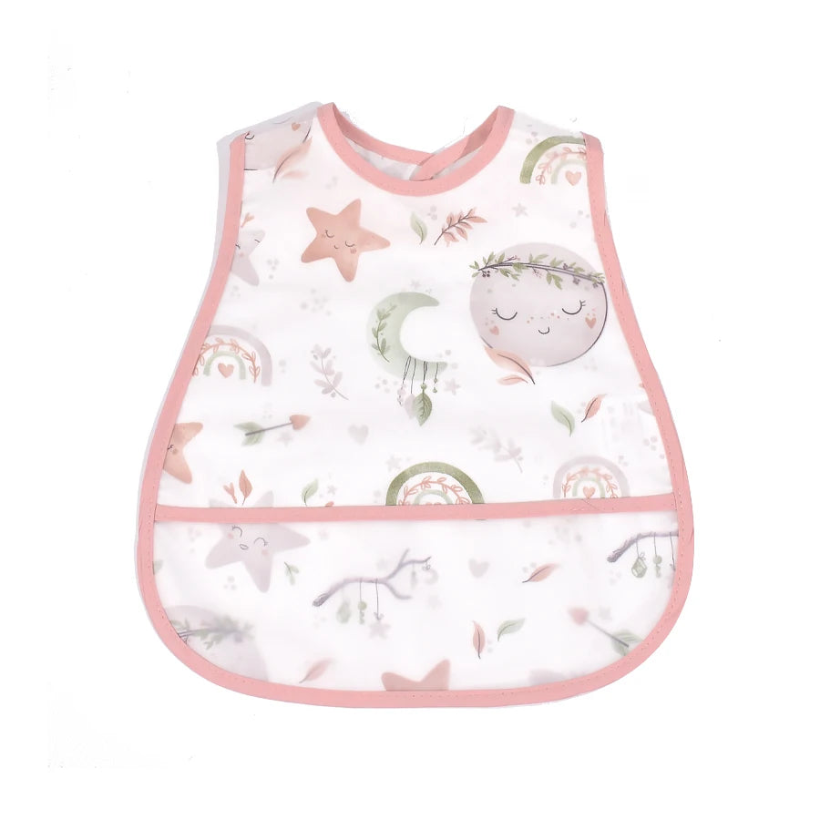 A pink and white waterproof baby feeding bib featuring stars, rainbows, and a moon design with a catch pocket.
