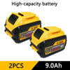 Two yellow lithium-ion batteries labeled 9.0Ah and 20V for power tools.