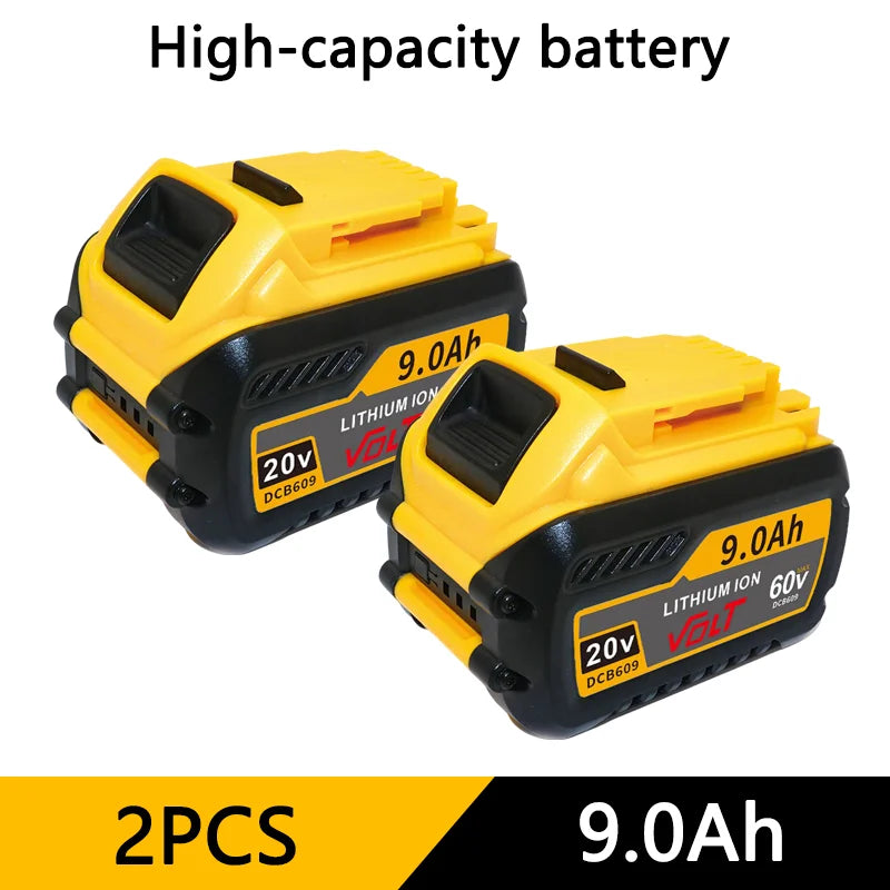 Two yellow lithium-ion batteries labeled 9.0Ah and 20V for power tools.