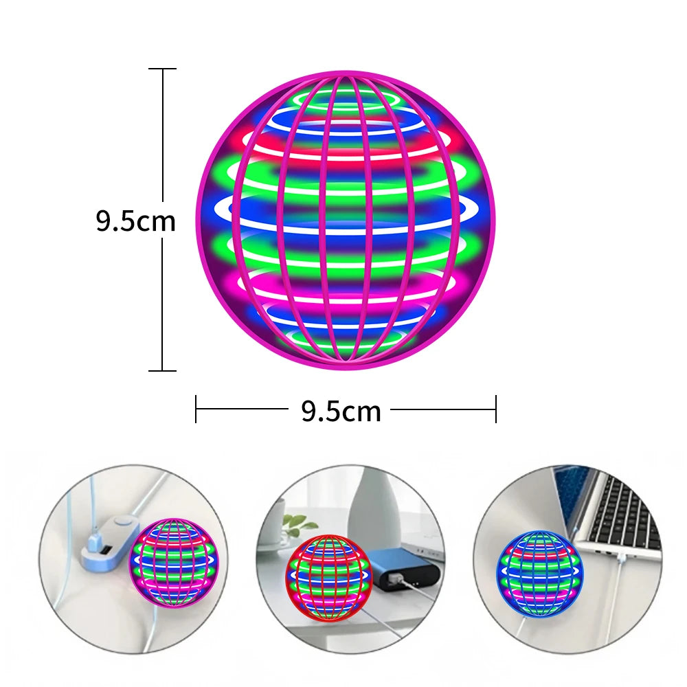 A flying spinner toy with LED lights shown in various angles, including a close-up of the device and its remote control.